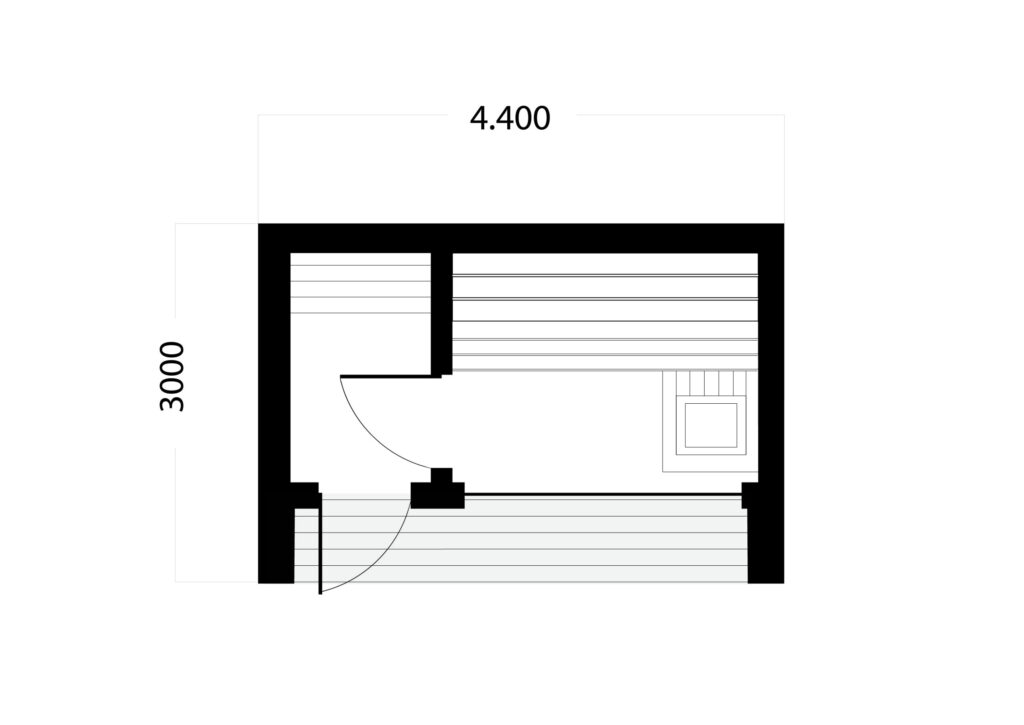 SANA S01 sauna floor plan showing the 4.4 × 3 m layout and interior arrangement.