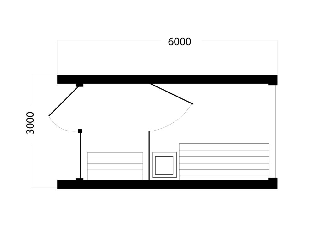 SANA S02 sauna floor plan showing the 6 × 3 m layout and interior arrangement for the gable‑roof model.