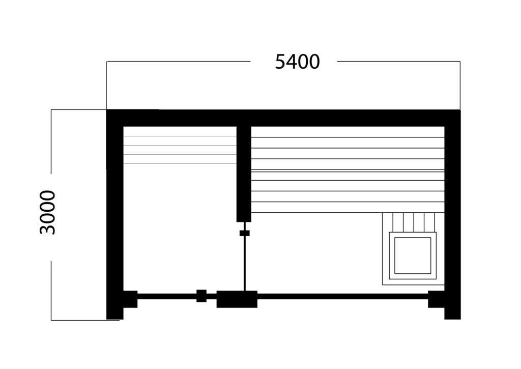 SANA S03 sauna floor plan showing the rounded 4.4 × 3 m layout and interior arrangement.